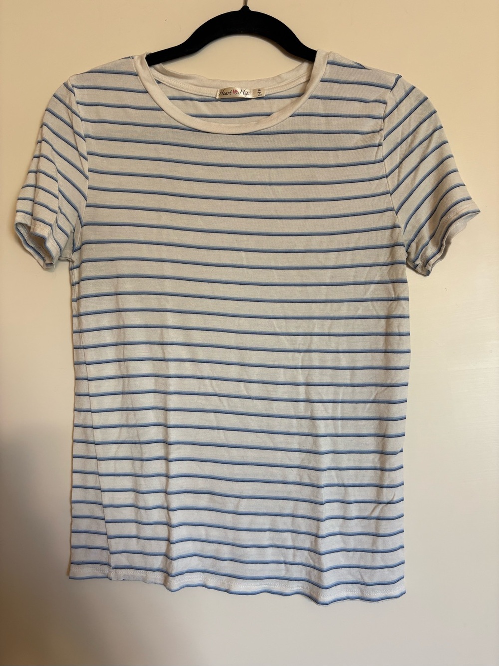 Heart Hips Striped Crewneck Tee - White & Light Blue